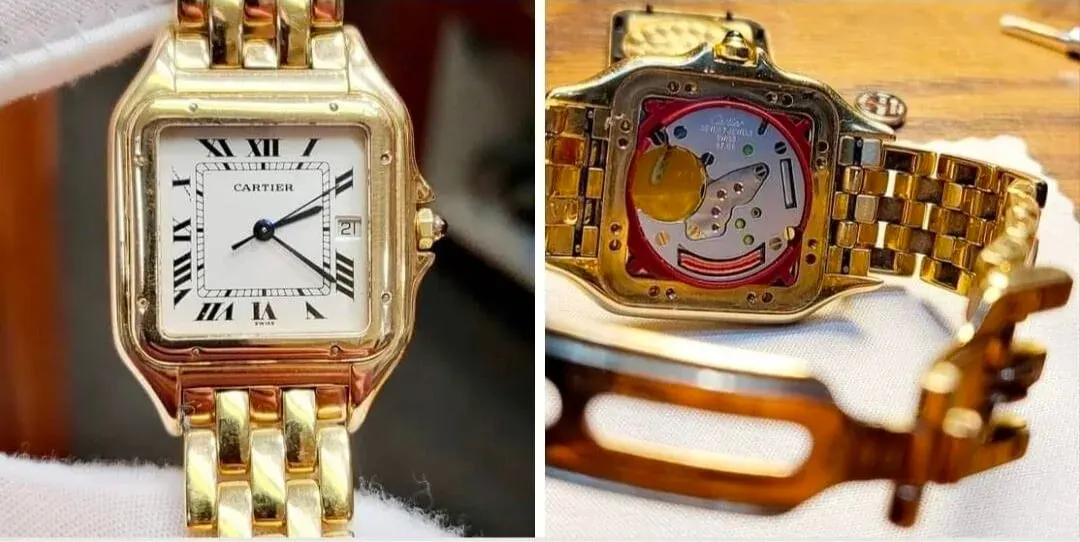 A yellow-gold Cartier Panthère serviced in-house — shown from the front and from the movement side.