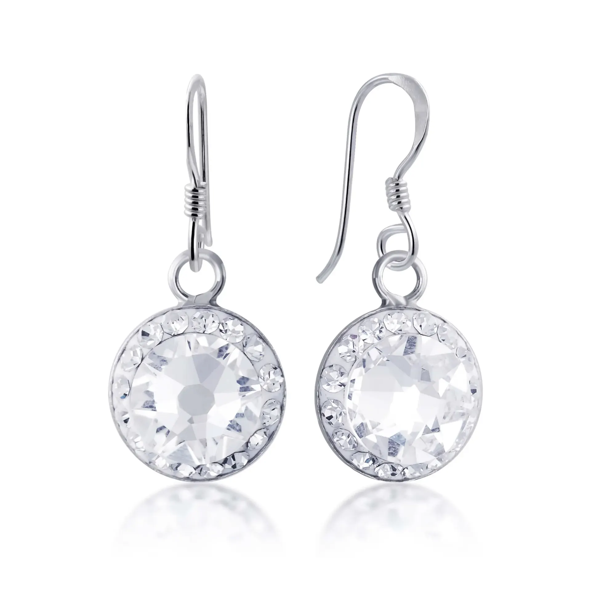 A pair of round crystal drop earrings in sterling silver.