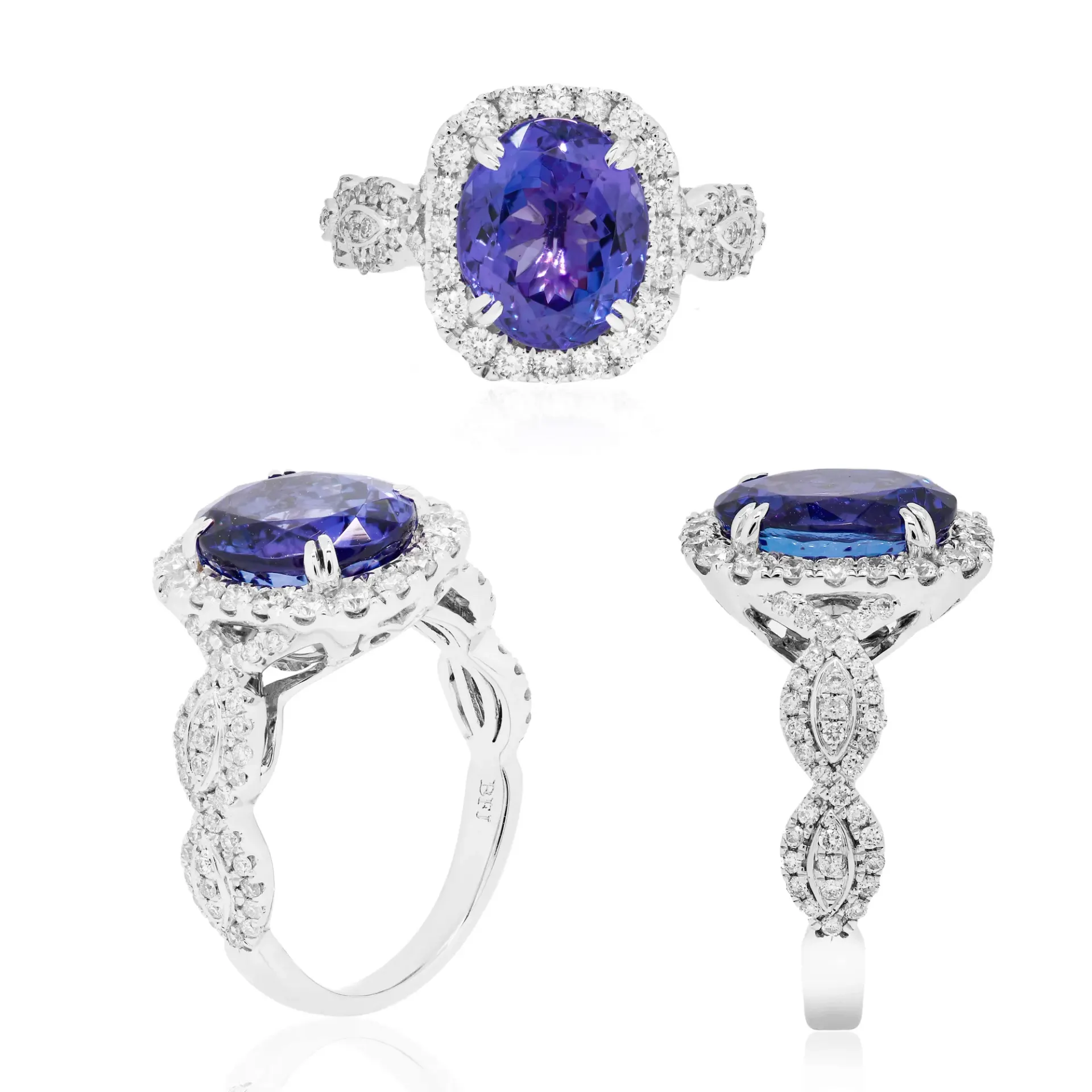 A tanzanite and diamond halo ring shown from three angles.