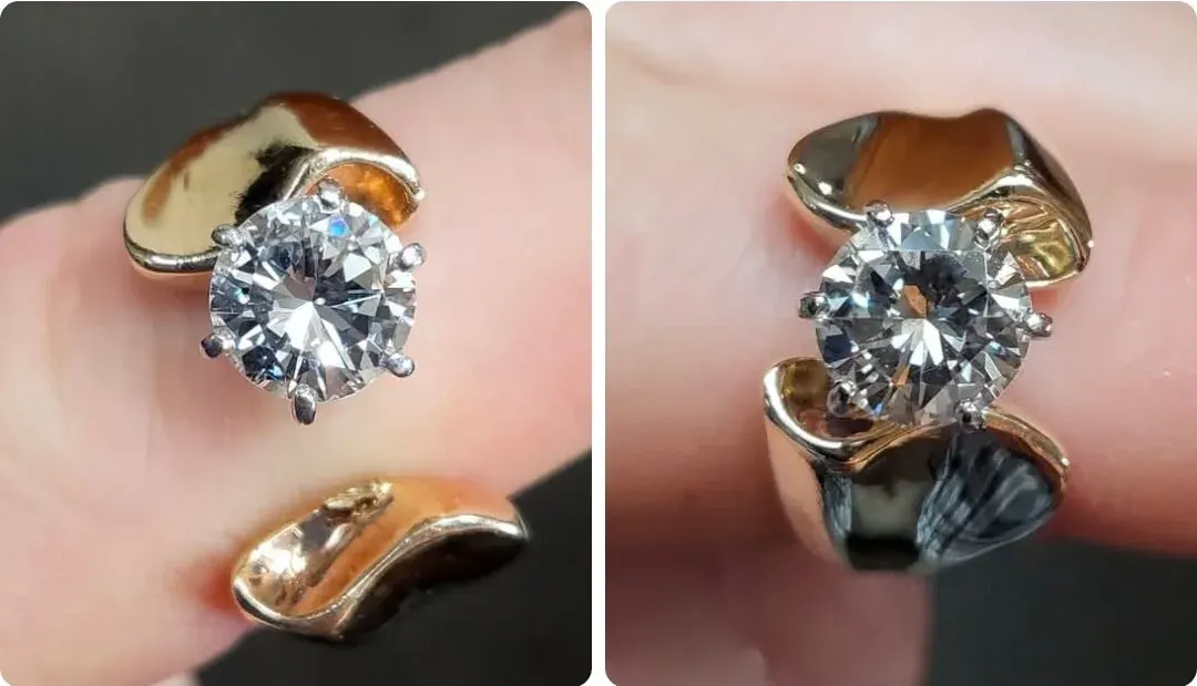 A round brilliant diamond solitaire in a sculpted gold setting, shown from two angles.