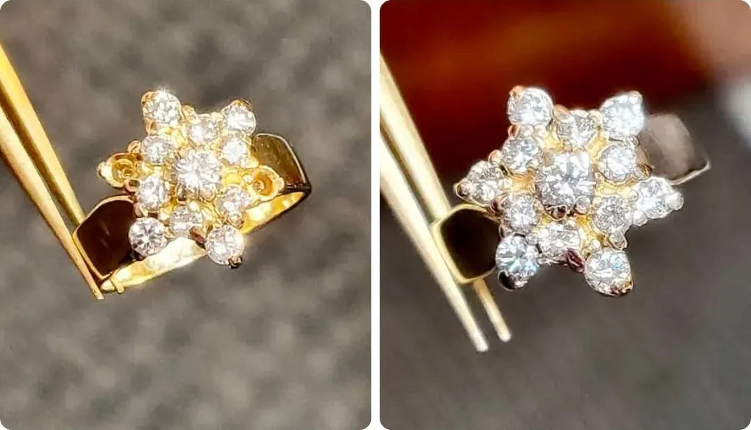 A star-shaped diamond cluster ring in yellow gold, shown from two angles.
